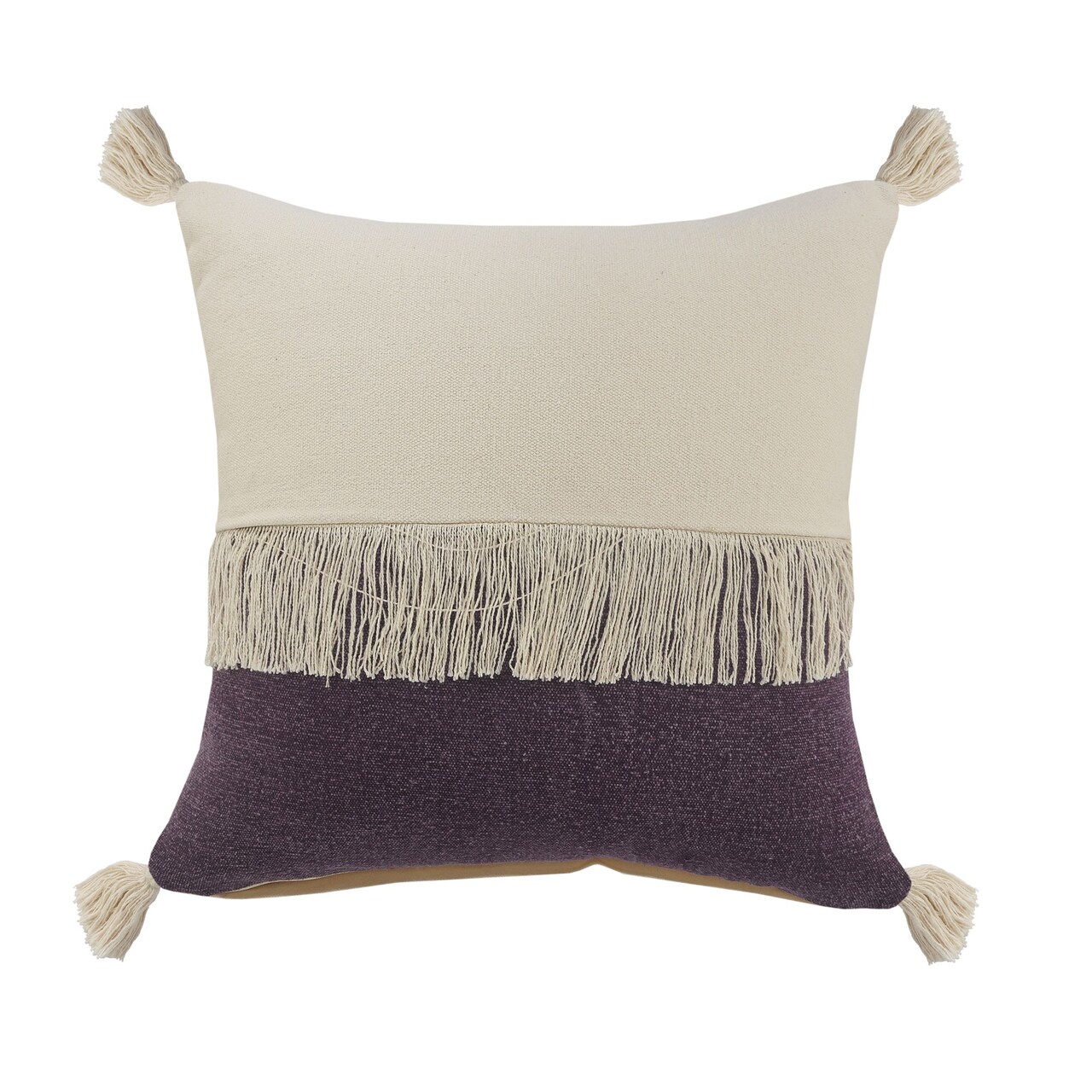 Laddha Home Designs 20" Purple and White Fringe Color Block Square Throw Pillow